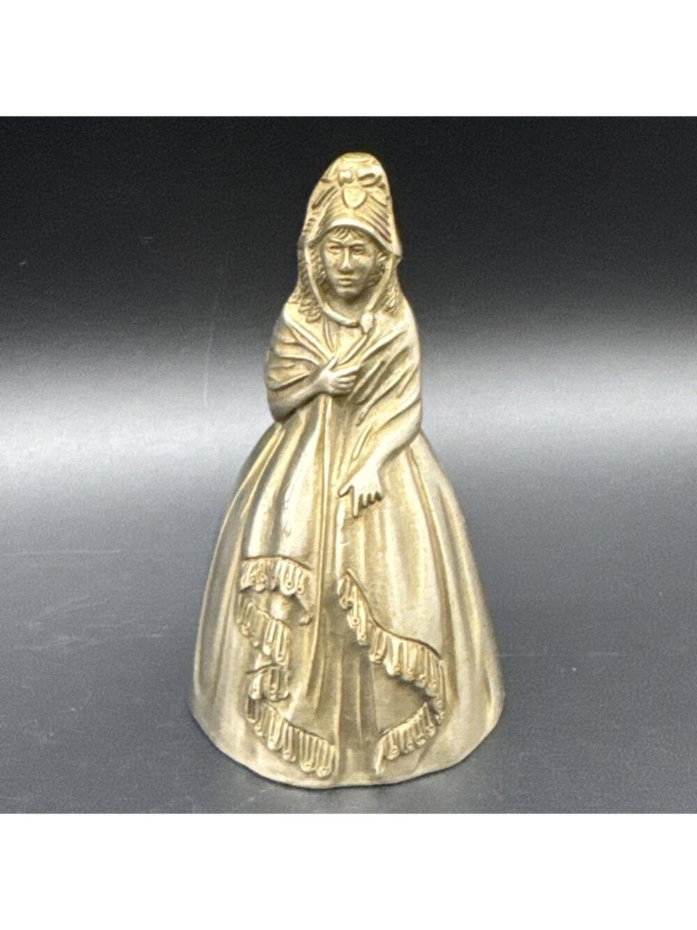 Vintage Silver Tone Brass Lady Crinoline Victorian Dress Bow Bell